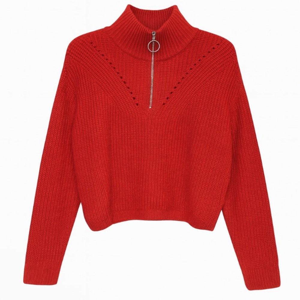 H&M Divided Red Ribbed Crop Sweater Quarter Zip Mock Neck Size Small